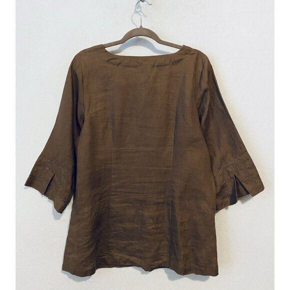 Nikki Valenti Top Womens 14 Brown Embroidered Irish Linen 3/4 Sleeve Boho Beach - Picture 3 of 7